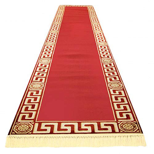 Mäander Flurteppich Teppich Läufer Teppichläufer Flur Schlafzimmer Küche Maänder Muster Kurzflor in Rot Gold mit Fransen - Mäander Design Antirutsch Seidenoptik 100% Viskose Öko Tex - rot, 80x300 cm