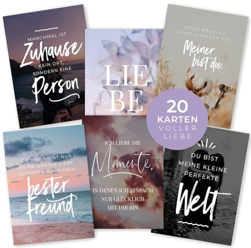 HEJ.CREATION 20 Postkarten im Set ● Postkartenset mit Bildern, Sprüchen und Zitaten zum Thema Liebe, Beziehung und Freundschaft ● Grußkartenset Valentinstag Love Zweisamkeit Glück Herz
