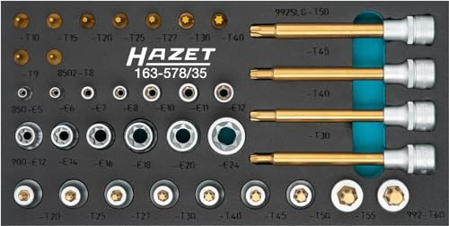 HAZET Schraubendreher-Steckschlüsseleinsatz-Satz, TORX 163-587/35 | 1/4 Zoll (6,3 mm) Vierkant hohl, 1/2 Zoll (12,5 mm) Vierkant hohl, Abtrieb Außen TORX Profil, Innen TORX Profil, Länge 342 mm