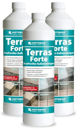 HOTREGA Terras Forte Steinreiniger 3x 1L | Konzentrat für den Außenbereich | Terrassenreiniger gegen Schmutz auf Naturstein & Beton | Aktivchlor | Ohne Schrubben | Ergiebig für Mauern, Treppen & Fugen