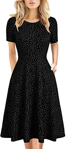 Women's Elegant Vintage 50s Office Casual Floral Print Work Party A-Line Swing Dress with Pockets 162 (L, Black Dot)