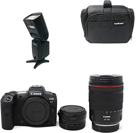 KamKorda Camera Bag + Flash + R5 Mirrorless Digital Camera + RF 24-105 f4L Lens + R Mount Adapter, 45MP Full-Frame CMOS Sensor, DIGIC X Processor, 8K Raw and 4K Video + 2 Year Warranty