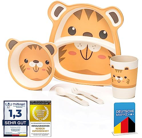 all Kids United® todos los juegos de vajilla de plástico para niños Juego de vajilla de 5 piezas con motivos de animales; taza, bol, plato, cuchara y tenedor para niños (Tiger)
