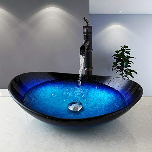 chicstyleme ovales Aufsatzwaschbecken mit Wasserhahn für Garderobe Badezimmer-Waschbecken Glas L56 x B35 x H16cm Gehärtetes Glas Boot Waschschale Arbeitsplatte Waschbecken