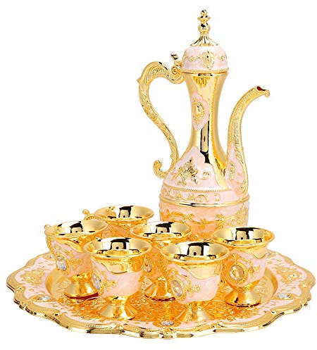 Hapivida Vintage Tea Set, Moroccan Engraved Teapot Set Luxury Metal Coffee Cup Set with Golden Trim Elegant Turkish Coffee Service Set with Tray for Tea Party, Wedding (Pink)