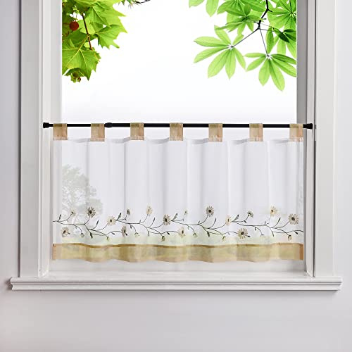 HeichkelL Bestickte Scheibengardine, Voile Kurzstores, Braun BxH 90x45 cm | Kurzvorhang mit Schlaufen, Pastorale Küchengardinen, Landhausstil Bistrogardine