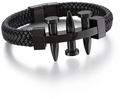 AMDXD Armbänder Herren Gravur, PU Leder Surfer Armbänder Nieten Armbänder Leder Herren Schwarz Armschmuck Edelstahl mit Magnet Verschluss, Länge 21.5cm Pärchen Geschenk