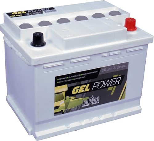intAct GEL Versorgungsbatterie 12V 50Ah - speziell für Camping, Wohnmobil und Boote - auslaufsichere und wartungsfreie GEL-Batterie - Maße (LxBxH): 242x175x190mm, Pluspol rechts