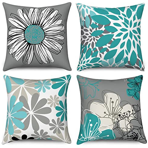 Hnmdmyi Kissenbezug Türkis 45x45 4er Set, Türkis und Grau Blumen Dekorative Kissenbezüge Modernes Gänseblümchen Bauernhaus Boho Leinen Kissenhülle für Sofa Couch Bett Garten Outdoor Home Decor