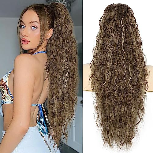 PORSMEER Pferdeschwanz Haarteil Lang 76 cm mit Kordelzug Wellig Locken Ponytail Extension Braun mit Blond Natürliches Clip in Haarteil Ponytail Kunsthaar Haarzopf für Damen Afro Zopf Haarverlängerunge