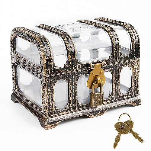 RUNEAY Schatztruhe Klein, Leere Schatztruhe Kinder Piratenschatz Spielzeug Schatzkiste Kunststoff mit Schloss und Tasten,Vintage Transparent Piratenkiste für Partygeschenke