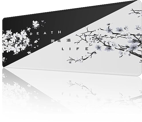 ETZ Tapis de Souris Noir et Blanc en Fleurs de Cerisier Japonais (80 x 30 x 0,3 cm) Grand Tapis de Souris étendu, Bords Cousus, Base en Caoutchouc antidérapant, Tapis de Souris de Jeu XL.