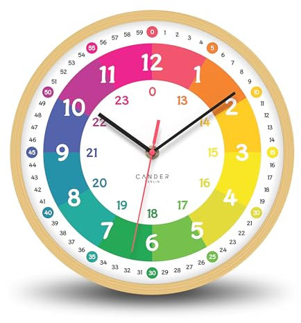 Cander Berlin MNU 2425 R Kinderwanduhr lautlos 25 cm Holzoptik analog Lernuhr Jungen Mädchen Kinderzimmer ohne Ticken bunt