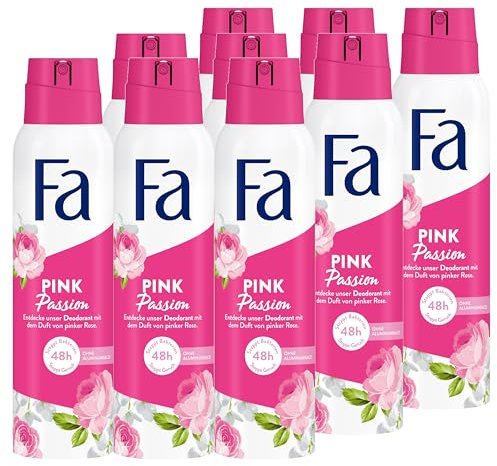 Fa Desodorante en Spray Pink Passion (9 x 150 ml) con Dulce Aroma de Rosa, Sin Aluminio para una Protección de Hasta 48 Horas, No Deja Residuos