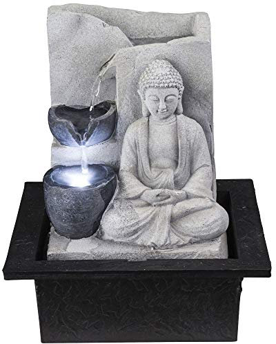 GLOBO Tischbrunnen mit Pumpe Springbrunnen mit LED Beleuchtung Buddha Design Zimmerbrunnen grau Wohnzimmer Schlafzimmer Dekoration, LxBxH 21x18,5x25,5 cm