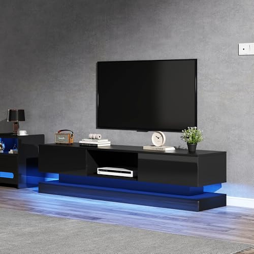 Merax TV-Schrank, Lowboard für Fernseher bis zu 60 Zoll, TV Board in Schwarz Hochglanz mit LED-Beleuchtung, Modern Fernsehtisch mit 2 Schubladen, 1 offenen Fächern, TV-Möbel für Wohnzimmer, Esszimmer