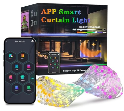 Guirnalda luminosa interior, 256 LED, cortina luminosa con 4040 colores ajustables, 1.6x1.6m, con control por APP, visualización de colores RGB, decoraciones de Navidad. Ideal para fiestas, jardín