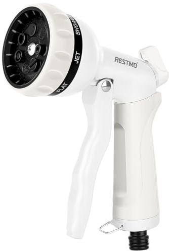 RESTMO Pistolet d'Arrosage de Jardin en Métal, Pulvérisateur avec 7 Modes et Débit Réglable pour Lavage de Voiture et Cour, Arrosage des Plantes et Pelouse, Blanc