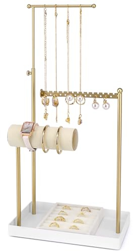 Porte Bijoux à 3 Niveaux Réglable sans Montage –Rangement Collier, Présentoir Bijoux Métal Doré pour Boucles d’Oreilles, Bracelets, Montres, avec Boîte à Bagues en Velours, 21*13*30.5to42cm