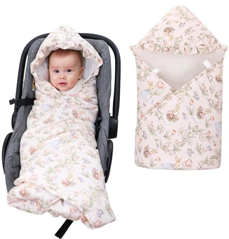 LAT Einschlagdecke für Babyschale, 90 * 90CM Universal Babydecke für Neugeborene, Kuscheldecke mit Kapuze Babydecke für Kinderwagen Buggy Autositz (Kaninchen und Blumen)