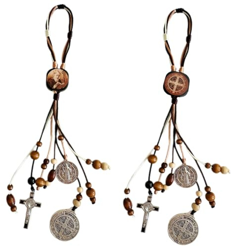 2PCS/Set Medalla De San Benito,Wooden Beads Rosary St Benedict Medals for Door with Saint Benedict Cross Crucifix Catholic Set for Car Hanging Charm Home Door Hanger Decor