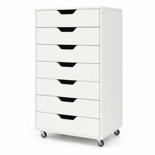 GIANTEX Rollcontainer mit 7 Schubladen, Holz, Weiß | Mobiler Aktenschrank mit Rollen, Druckertisch für Zuhause & Büro, 48 x 40 x 88 cm