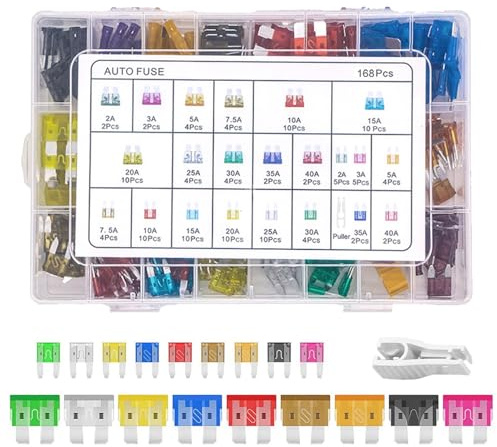 168Pcs Car Fuse Assorted Kit, 114 Mini Blade 54 Standard Blade Fuses with 1 Fuse Puller, 2A-40A 11 Specifications Mixed Auto Fuses, Automotive Replacement Kit for Car Boat RV Truck Motorcycle