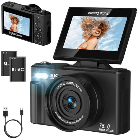 Nsyee 5K Digitalkamera, 75MP Autofokus Video Vlog-Kamera, 7,6 cm (3 Zoll) 180° Klappbildschirm, WLAN-Übertragung, Kompaktkameras, 18-facher Digitalzoom, geeignet für Teenager, Anfänger, Erwachsene