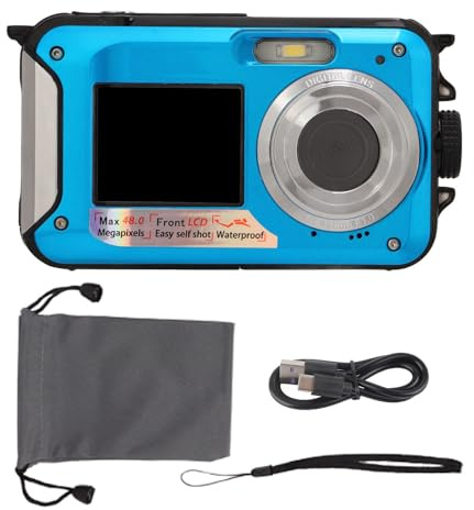 Phefop Fotocamera Digitale Subacquea Full HD 2.7K 48MP, Impermeabile Fino a 10 Piedi, Doppio Schermo Anteriore Posteriore, Zoom 16X, Registra Durante la Ricarica, Microfono Integrato (BLUE)