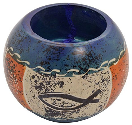Junker Kirchenbedarf Teelichthalter Speckstein mit Fisch-Symbol, blau/grün, rund, Ø 7cm, Höhe 5cm