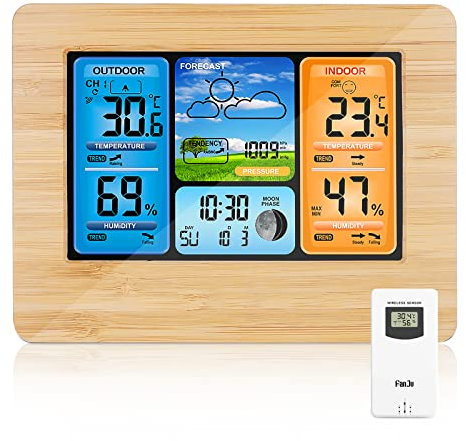 ONEVER Station Météo sans Fil Station Météo à Prévision Numérique des Couleurs avec Alerte et Température/Humidité/Baromètre/Alarme/Horloge Lunaire/Météo avec Capteur Extérieur, Jaune