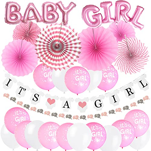 ZERODECO Mädchen Baby Dusche Dekoration, Rosa It's A Girl Girlande Oh Baby Folie Ballons Aufhängen Fächer Girlande Banner und Luftballons für Baby Shower Babydusche