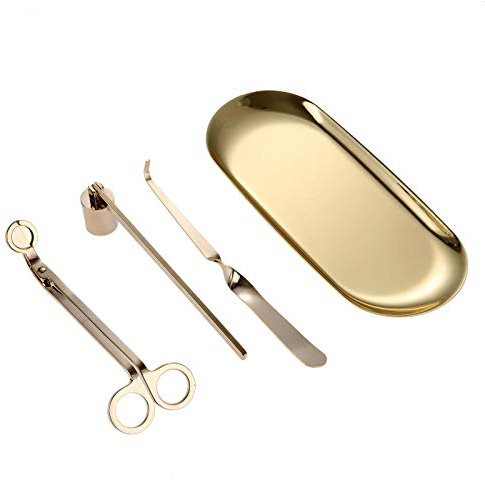MUXSAM Candle Accessory Set - Snuffer, Wick Trimmer, Tray & Core Hook - Stainless Steel Tools Pack - Gold - 4 Pcs