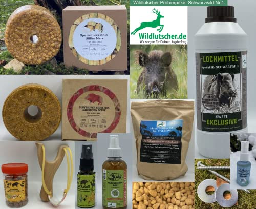 wildlutscher Lockmittel Probierpaket Schwarzwild Nr1 – Komplett-Set mit 12 Produkten – Lockmittel, Lecksteine, Booster, Pinienteer, Suhlenpulver – 14,5 kg Gesamtgewicht