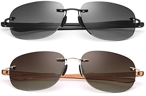 Randlos Bifokale Lesebrille mit Etui Sonnebrille Getönte Gläser Outdoor Sport Sonnenleser Blau Licht blockierende Computer Brille Vintage für Unisex Frauen Männer Nah und Fern UV Blocker Lesegeräte