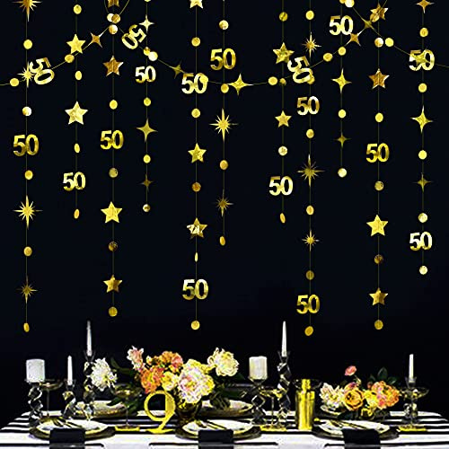 Goldfarbene Dekoration zum 50. Geburtstag, Nummer 50, Kreis, Punkte, funkelnd, Sterngirlande, metallisch, hängende Luftschlangen, Wimpelkette, Hintergrund, 50. Geburtstag 50. Jahrestag Partyzubehör