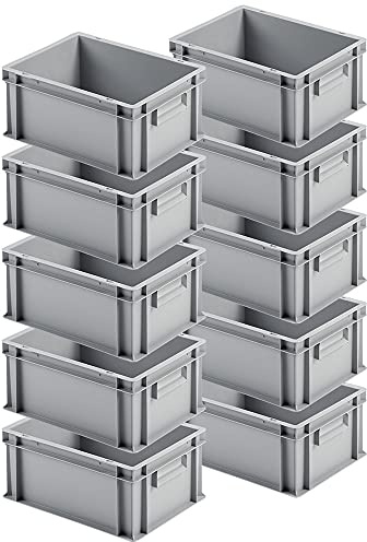 10 x Förvaringslådor Eurobehållare med 2 Grepplister, Plastlådor LxBxH 400 x 300 x 175 mm, Grå