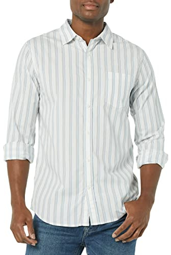 Amazon Essentials Camicia in Popeline Elasticizzato A Manica Lunga dalla vestibilità Aderente Uomo, Blu Bianco Righe, M