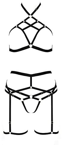Selente Luxury Love Sofisticato Completo Intimo a 4 Pezzi: Reggiseno, Reggicalze, Slip e Benda per Occhi in Raso, Nero Cinghie Aperto, L-XL