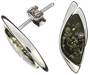 Bernstein Ohrringe, elegante grüne Ohrstecker mit Bernstein, gefasst in 925/000 Sterling Silber rhodiniert von Artisana-Schmuck