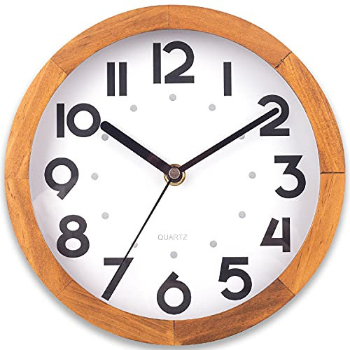 SkyNature Kleine Wanduhr, Vintage Dekorative Naturholz Wanduhr, Leise Ohne Tickgeräusche Analog Runde Hängeuhr für Schlafzimmer, Wohnzimmer, Küche, Café, Büro - 8/20cm