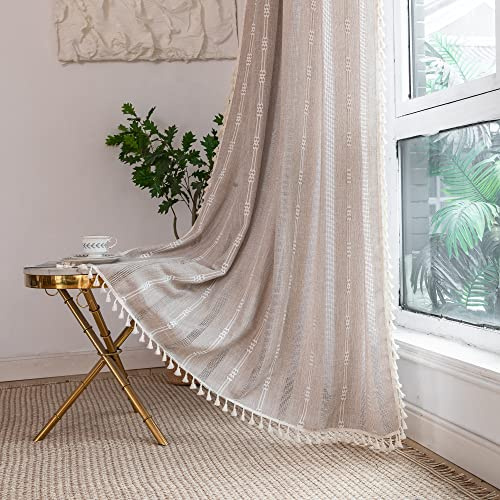 Nyescasa Boho Vorhang Landhausstil Baumwolle Leinen Quaste Gardine Kaffee Vintage Bestickte Vorhänge mit Ösen Lichtdurchlässig für Wohnzimmer Schlafzimmer Dekoschal 2 Stück 240x140cm(H×B)