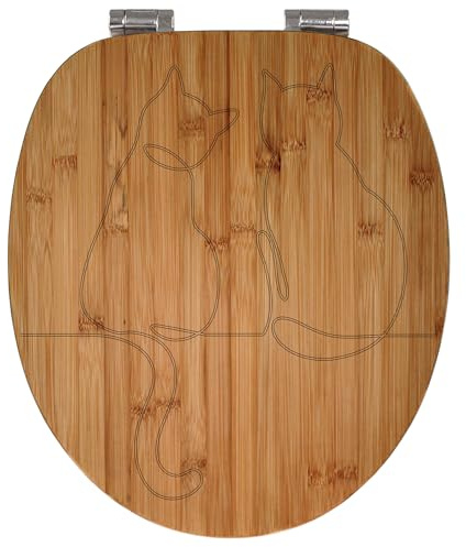 banjado® Hochwertig gravierter Design WC Sitz Bambus Absenkautomatik Katzenliebe/Toilettendeckel mit Absenkautomatik Holz/Bambus Klodeckel/WC-Sitz für alle gängigen Toiletten