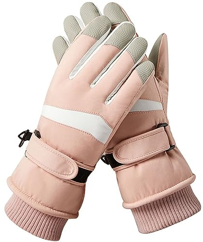 Hjkiopc Women Ski Gloves,Winter Windproof Snow Touchscreen Thermal Gloves,Warm Thickened with Fleece for Skiing Running Cycling Hiking Snow Sports(Pink)