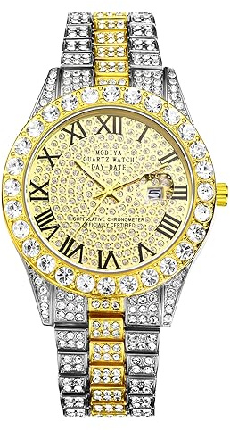 JewelryWe Analog kvartsur för män, snygg strass armbandsklocka, 1atm vattentät, rund urtavla med romersk kalender och siffra