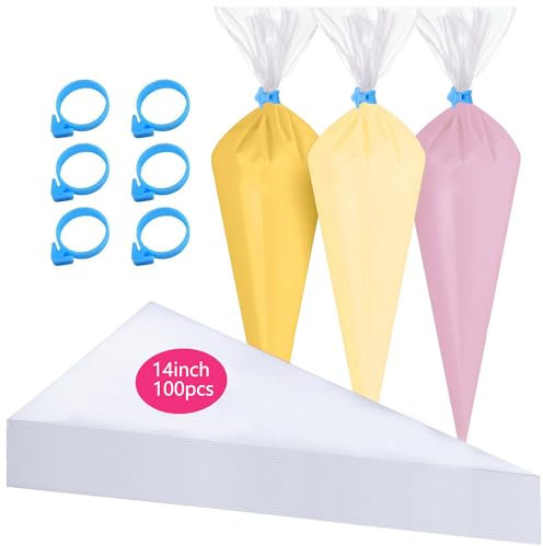 GZMAISULEE Sacchetti da pasticceria usa e getta da 35,5 cm, 100 pezzi, antiscoppio addensati, con 6 fascette per sac à poche, per biscotti, torte, glassa, decorazione di prodotti da forno