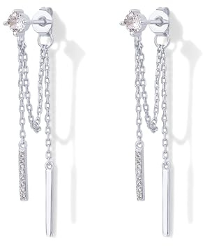 PAVOI Rhodium Plated 925 Sterling Silver Posts Drop Dangle Chain Earrings for Women | Dangling Chain Studs | Cubic Zirconia Threader Earscapes Earrings