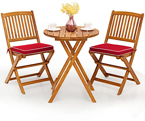 GOPLUS 3tlg. Gartenmöbel Set aus Akazienholz, klappbares Balkonmöbel-Set, inkl. Rundtisch und 2 Stühlen mit Kissen, Sitzgruppe, Sitzgarnitur, für Außenbereich (Rot)