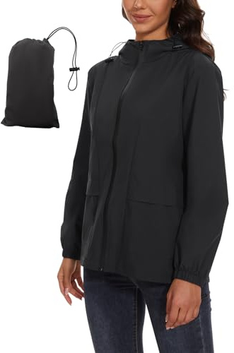 Molirex Veste Imperméable Femme avec Bande Réfléchissante Coupe Vent Femme Veste de Pluie Légère Randonnée Jacket avec Capuche pour D'extérieur Course à Pied, Cyclisme, Noir, S