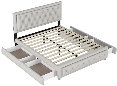 Azkoeesy Polsterbett 140 x 200 cm, Stauraum Bett mit 4 Schubladen, mit Lattenrost, mit Knopfdekoration Kopfteil, Doppelbett, Jugendbett, Bezug aus PU-Leder (Grau)